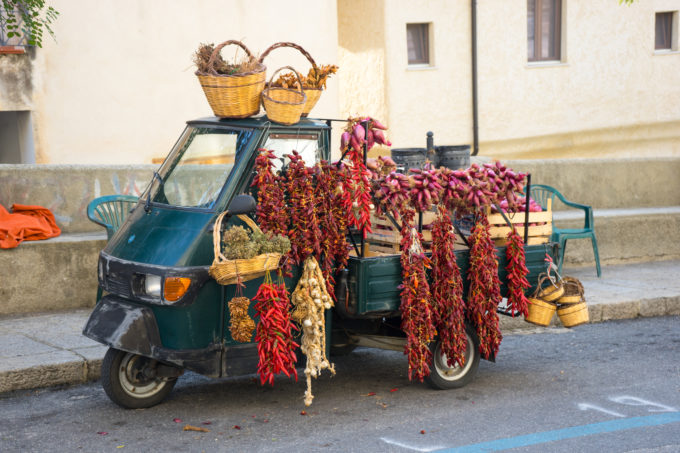 一辆小卡车车，售卖卡拉布里亚本地产品：辣椒、牛至叶和特罗佩亚洋葱